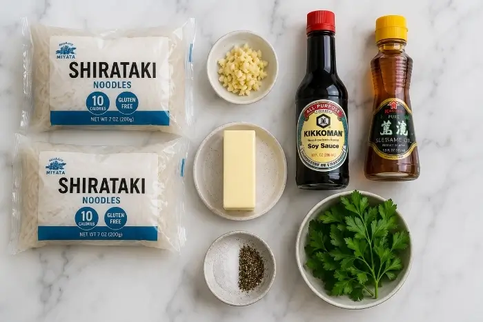 Shirataki Noodles Recipe 2 Ingredients for a shirataki noodles recipe including konjac noodles, garlic, butter, soy sauce, and sesame oil arranged on a marble surface
