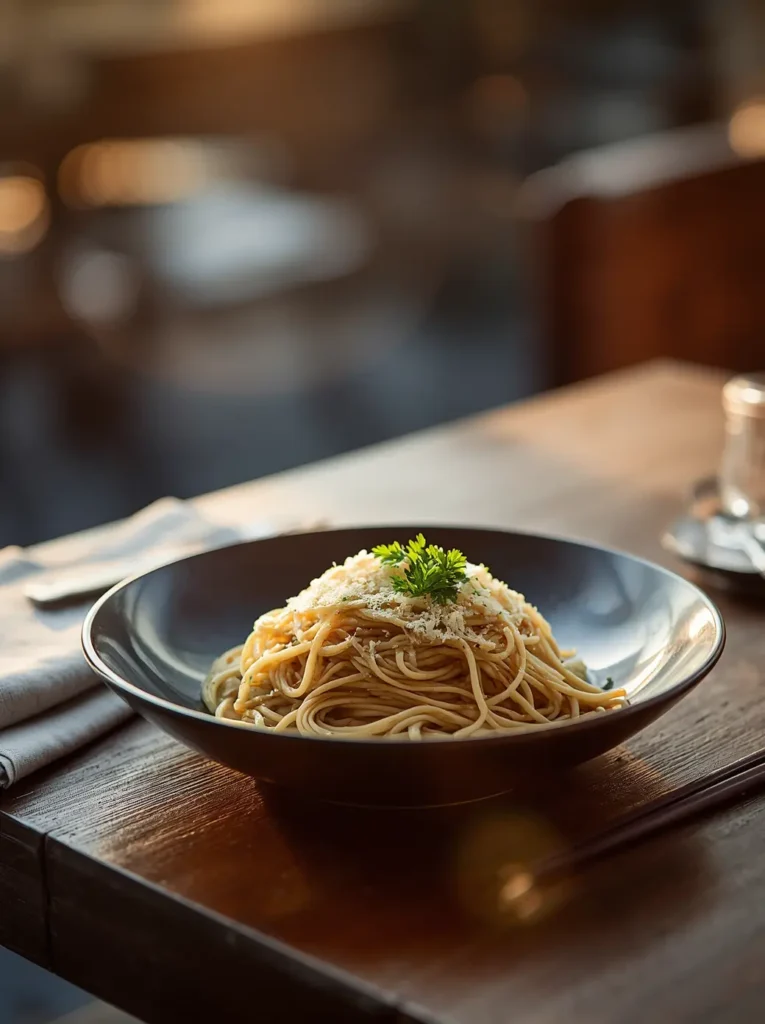 Shirataki Noodles Recipe 4 Plated shirataki noodles recipe garnished with Parmesan and parsley on a rustic wooden table, keto-friendly dinner