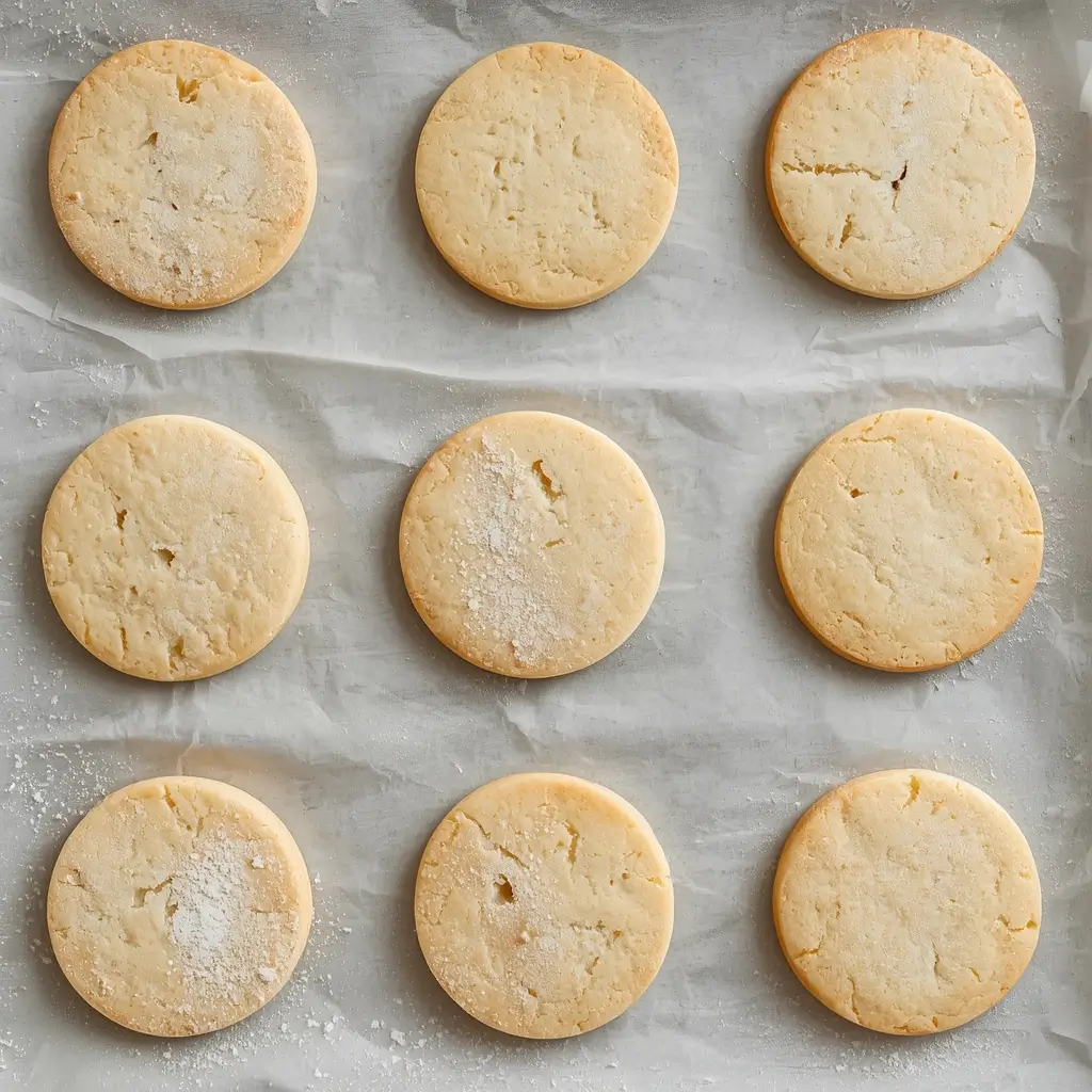 Unbaked shortbread cookies with almond flour arranged evenly on a parchment-lined baking sheet ready for the oven