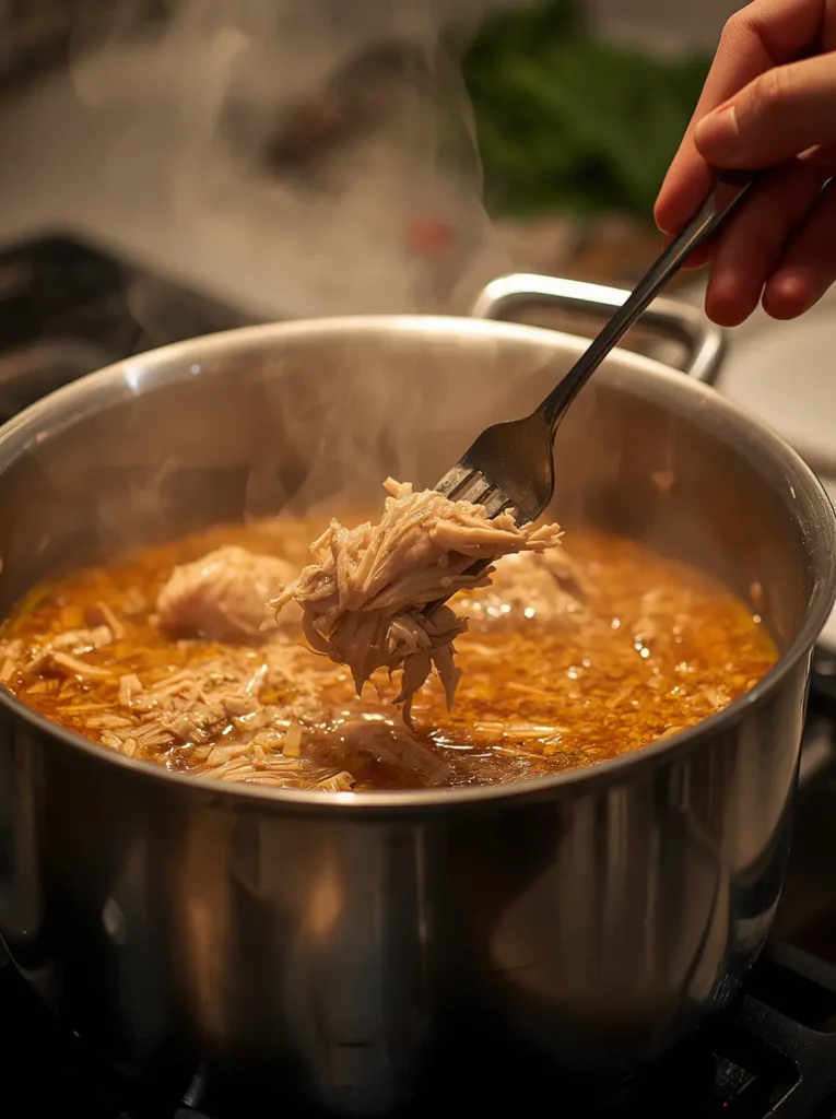 Hands shredding cooked chicken over a simmering pot of keto chicken soup broth on a stovetop.
