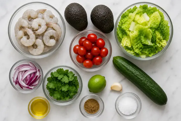 Shrimp Avocado Salad 2 Flat lay of fresh ingredients for a keto shrimp avocado salad including shrimp, avocado, romaine, and lime