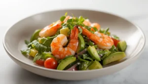 Overhead view of a shrimp avocado salad in a white bowl with lime wedges and fresh cilantro