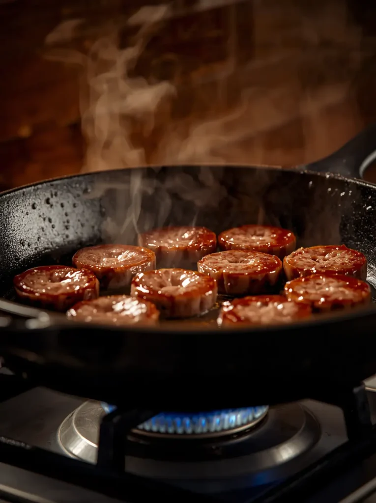 Cabbage and Sausage Skillet 2 Sausage rounds browning in a cast iron skillet as the first step of a skillet cabbage and sausage recipe