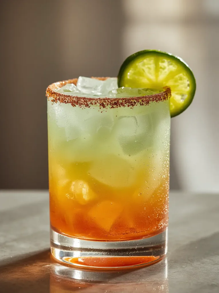 Close-up of a finished skinny margarita recipe with Tajín rim, crushed ice, and lime garnish
