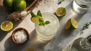 Skinny margarita recipe served in a salt-rimmed glass with fresh lime and mint garnish