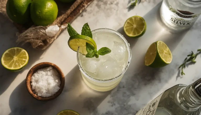 Skinny margarita recipe served in a salt-rimmed glass with fresh lime and mint garnish