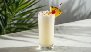 Skinny pina colada served in a tall glass with pineapple wedge and toasted coconut garnish