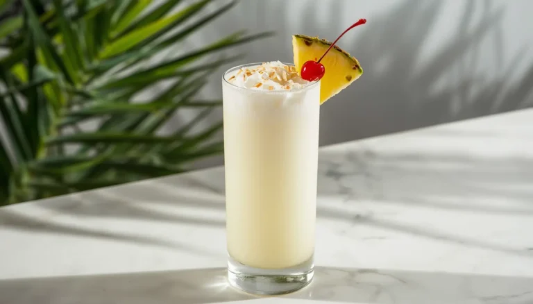 Skinny pina colada served in a tall glass with pineapple wedge and toasted coconut garnish