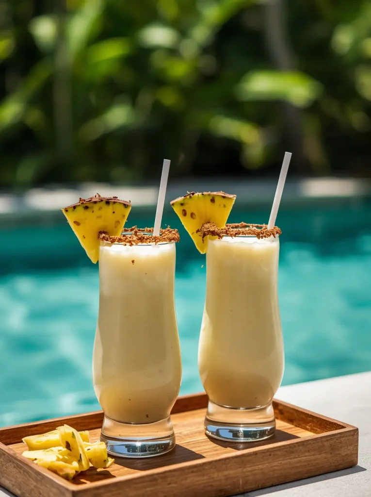 Two skinny pina colada drinks with coconut rims and pineapple garnish served poolside in hurricane glasses
