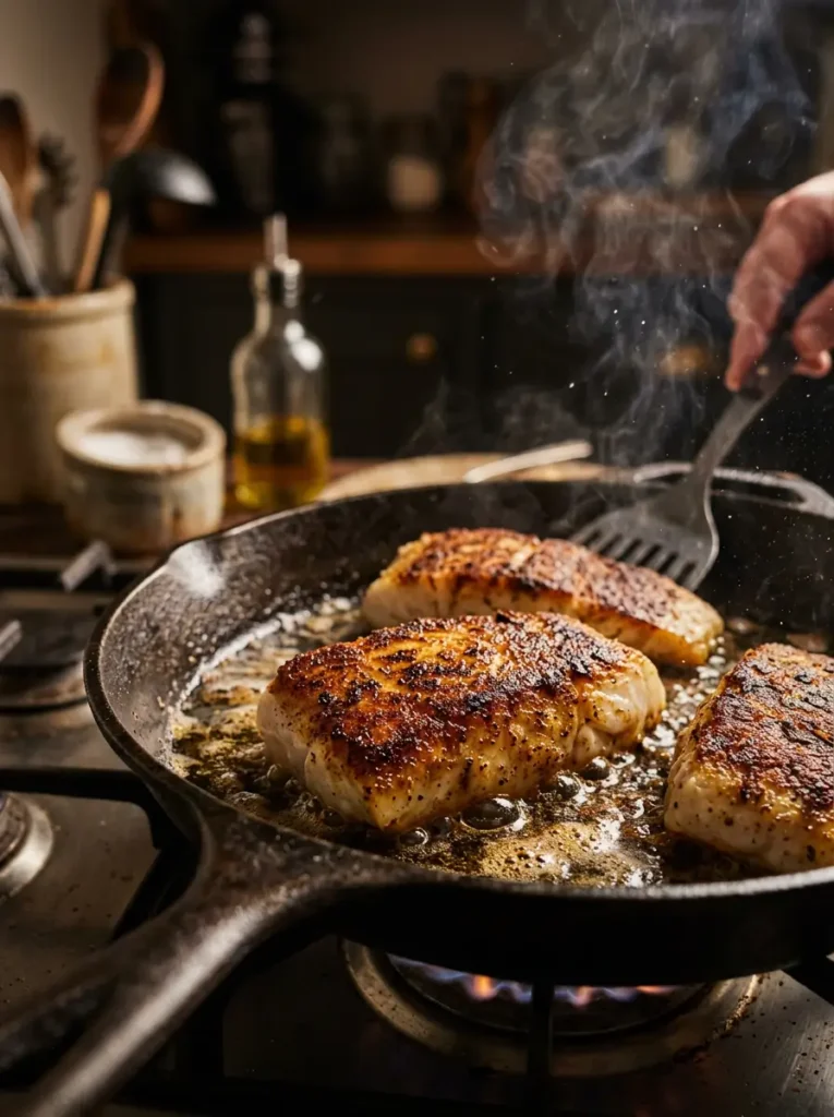 Fish Taco Slaw Recipe 3 Seasoned white fish fillets searing in a cast iron skillet for a crispy fish taco slaw recipe