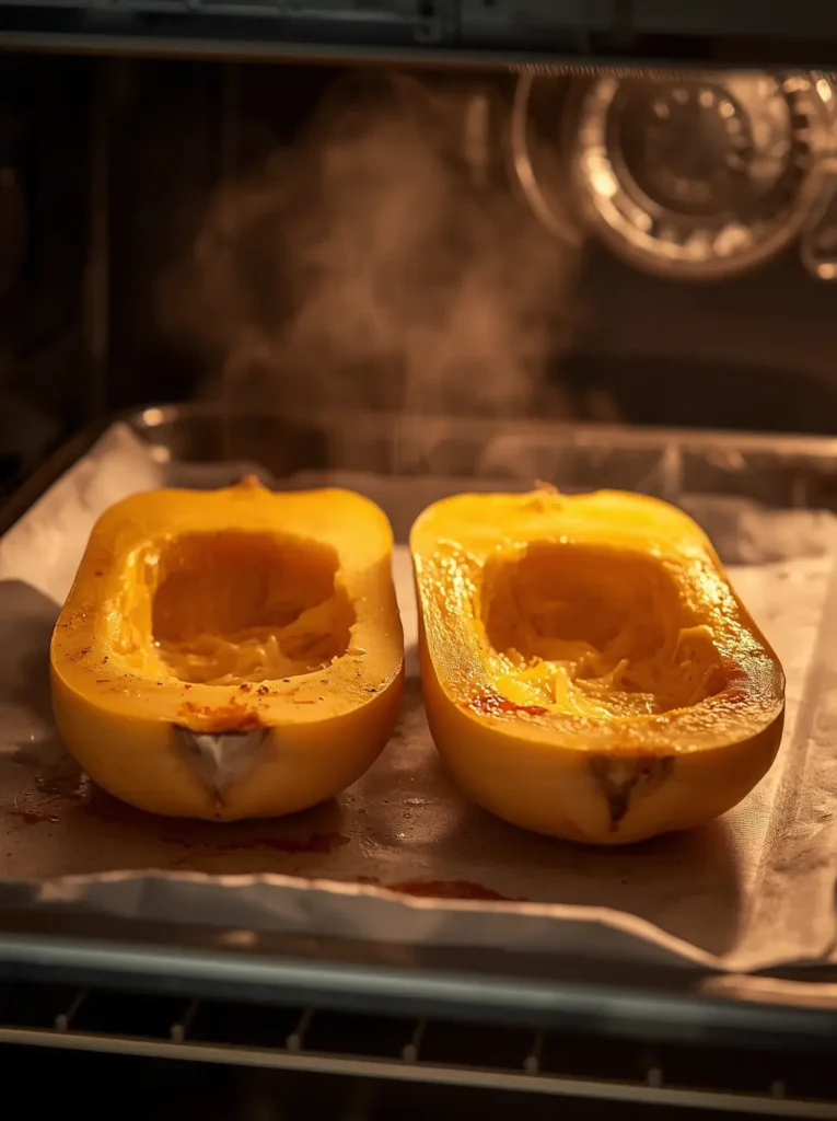 Baked Spaghetti Squash 3 Spaghetti squash halves placed cut-side down on a baking sheet inside the oven for roasting at 400°F
