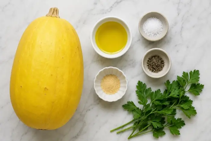 Baked Spaghetti Squash 2 Ingredients for baked spaghetti squash including olive oil, sea salt, garlic powder, and fresh herbs on marble