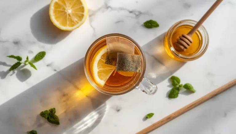 Starbucks medicine ball tea recipe served in a clear glass mug with lemon and mint on marble