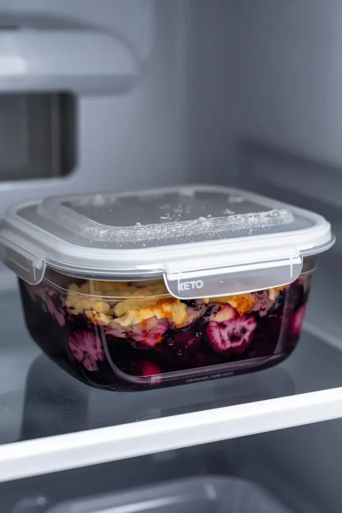 Keto blueberry cobbler stored in an airtight container in the refrigerator
