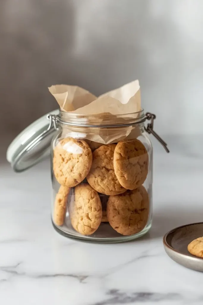 Keto snickerdoodle cookies stored in an airtight glass jar lined with parchment paper