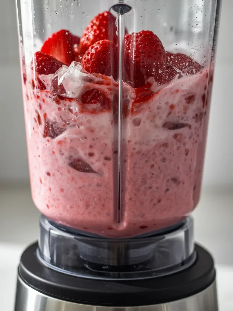 Fresh strawberries and almond milk blending together in a glass blender jar to make keto strawberry almond milk
