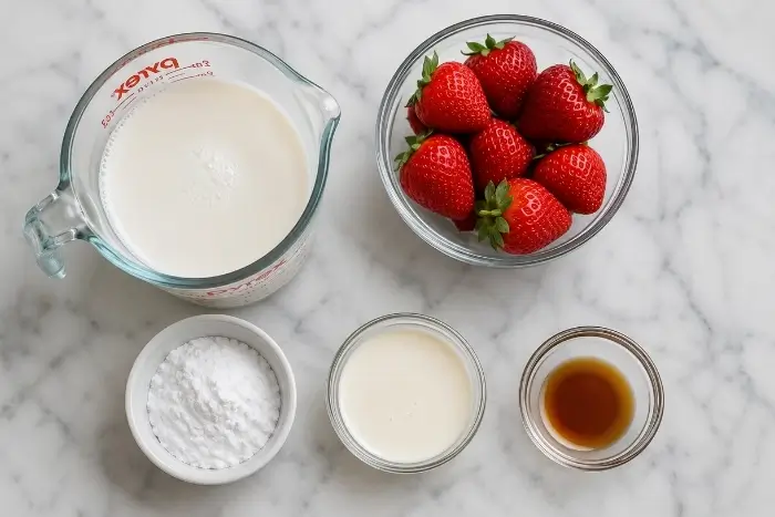 Flat lay of strawberry almond milk ingredients including fresh strawberries, unsweetened almond milk, erythritol, and vanilla extract
