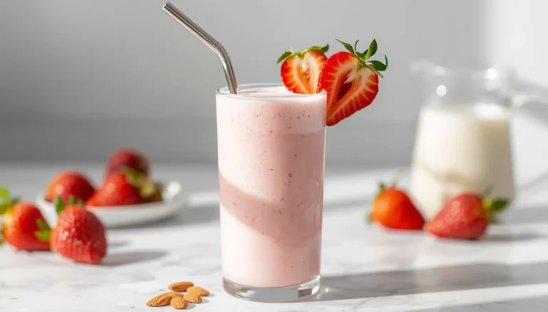A tall glass of creamy strawberry almond milk garnished with fresh strawberry slices on a white marble countertop