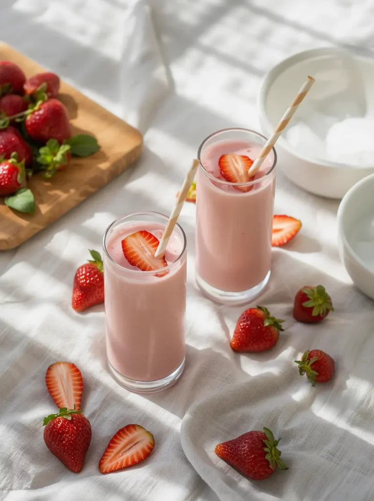 Two glasses of strawberry almond milk served with fresh strawberries and mint on a breakfast table
