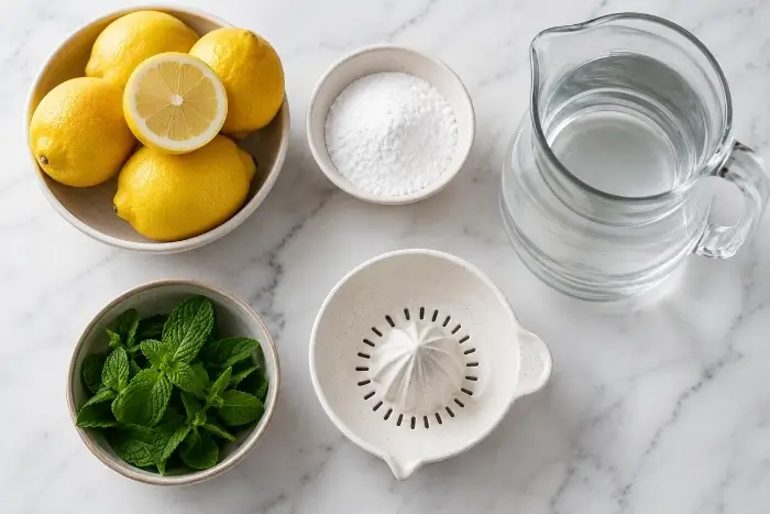 Ingredients for sugar free lemonade recipe including fresh lemons, monk fruit sweetener, water, and mint arranged on a wooden surface
