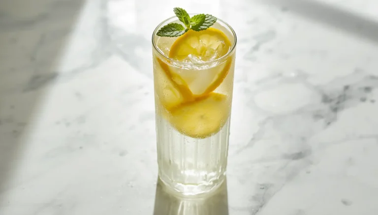 Sugar free lemonade in a tall glass with ice, lemon slices, and fresh mint on a white marble surface