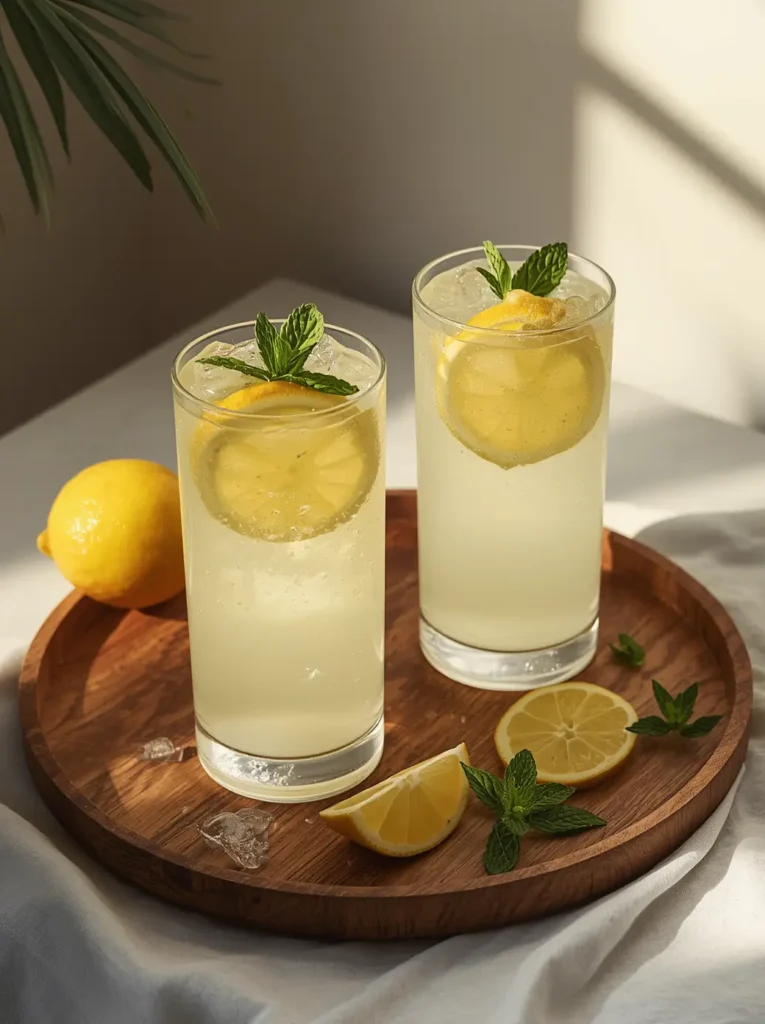Two glasses of keto sugar free lemonade served with lemon slices and mint on a rustic wooden tray
