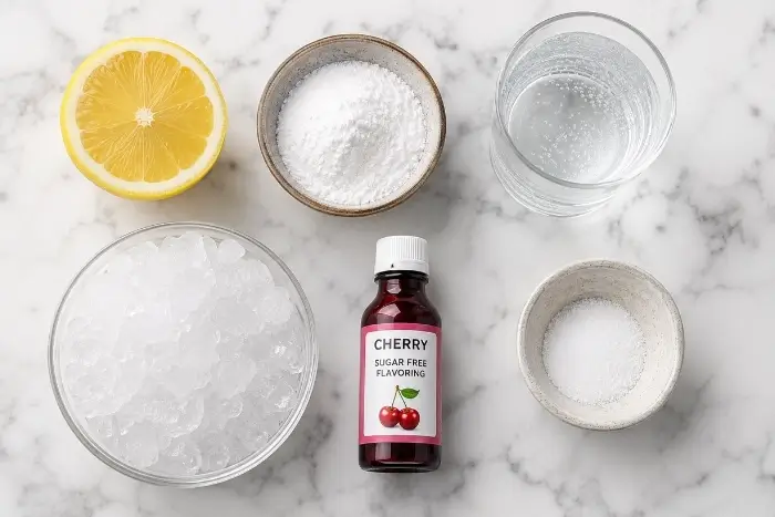 Ingredients for a sugar free slushie recipe including lemon, monk fruit sweetener, and crushed ice
