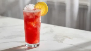 Sugar free slushie in a tall glass with lemon slice and crushed ice