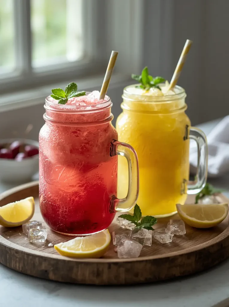Two sugar free slushies in mason jars with lemon and mint, served as a keto breakfast drink
