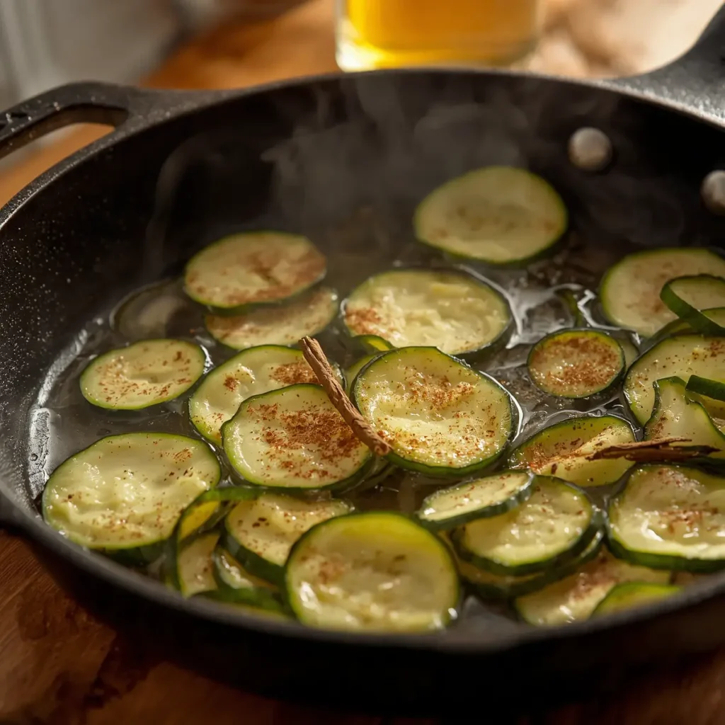 Sliced zucchini cooking in a skillet with spices for keto apple crisp with zucchini filling