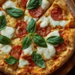 Zucchini crust pizza with melted mozzarella and fresh basil on a rustic wooden board
