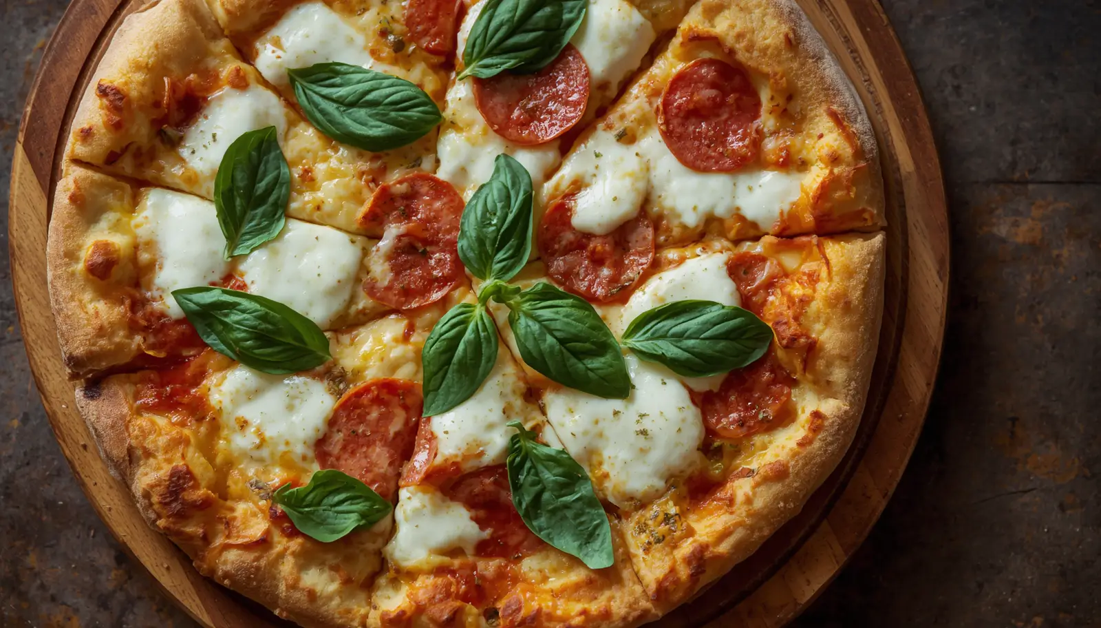 Zucchini crust pizza with melted mozzarella and fresh basil on a rustic wooden board