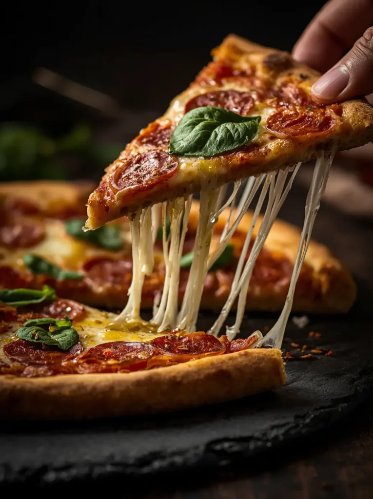 Zucchini Crust Pizza 4 Two slices of keto zucchini crust pizza with stretchy mozzarella and fresh basil being lifted from the board