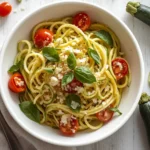 Zucchini noodles with garlic butter sauce, cherry tomatoes, and Parmesan in a white bowl; easy 15-minute keto dinner recipe
