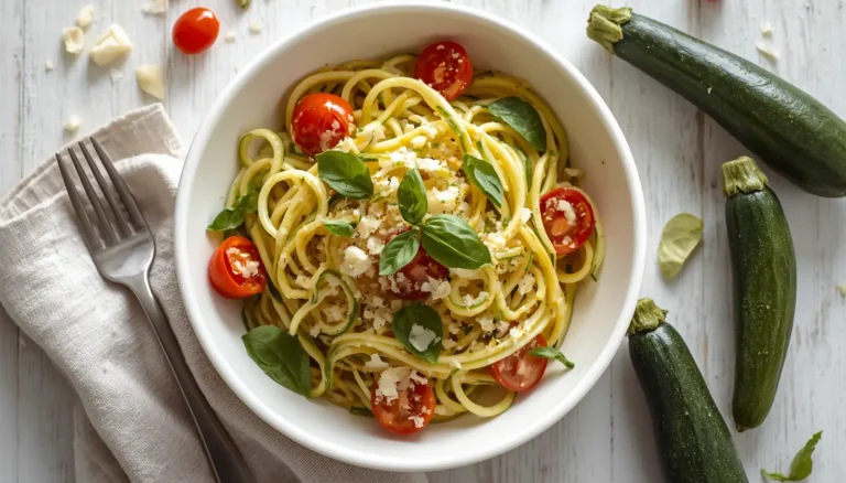 Zucchini noodles with garlic butter sauce, cherry tomatoes, and Parmesan in a white bowl; easy 15-minute keto dinner recipe