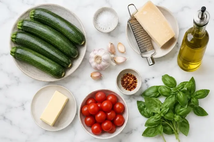 Zucchini Noodles 2 Fresh ingredients for a low carb zucchini noodles recipe laid out on a marble surface including zucchini, garlic, butter, Parmesan, and cherry tomatoes