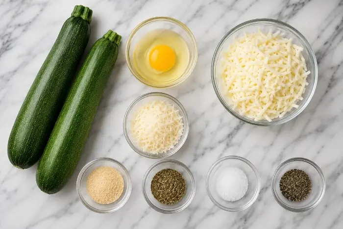 Zucchini Crust Pizza 2 Fresh ingredients for zucchini pizza crust including grated zucchini, egg, mozzarella, and Parmesan cheese