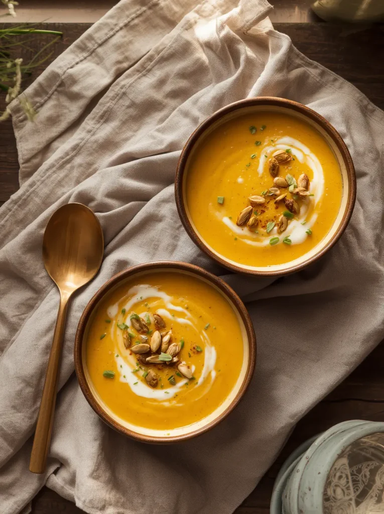 Two bowls of zucchini squash soup topped with pumpkin seeds and chives served.