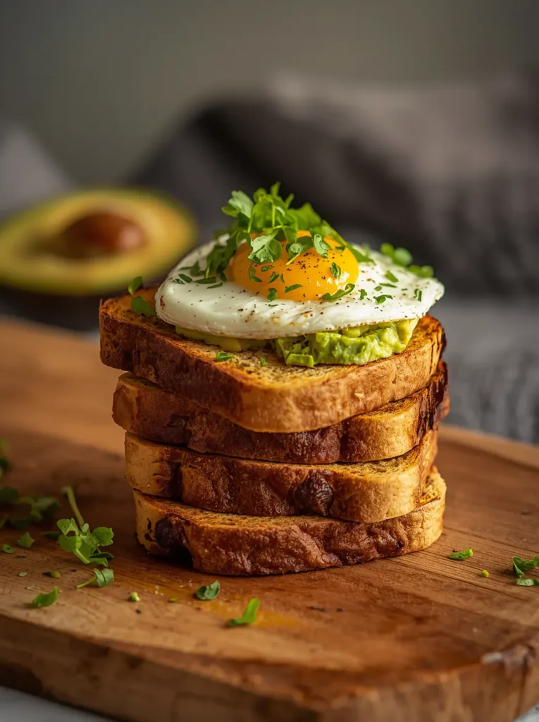 Toasted 90 second keto bread topped with avocado and a fried egg for breakfast.