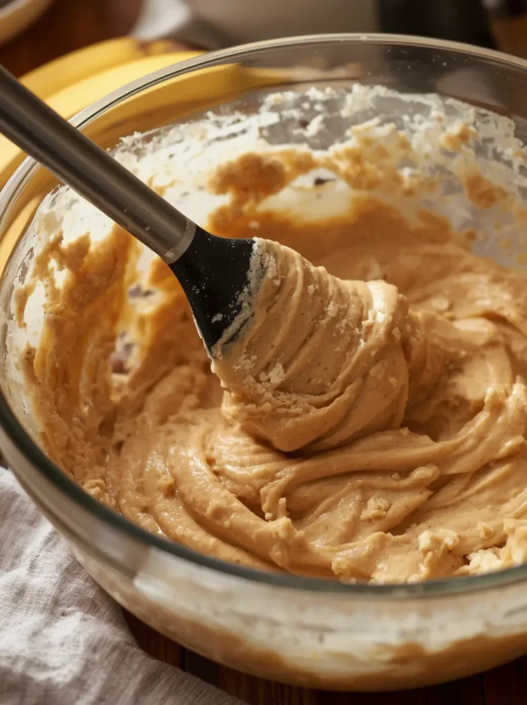 Spatula folding almond flour banana bread batter in a glass mixing bowl