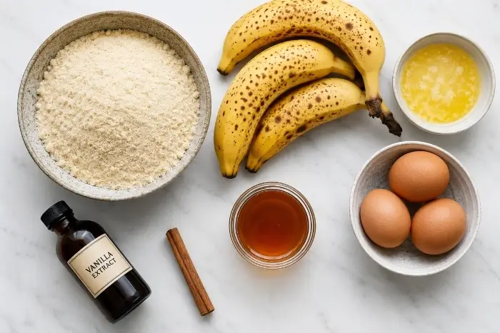 Flat lay of ingredients for almond flour banana bread including almond flour, bananas, and eggs