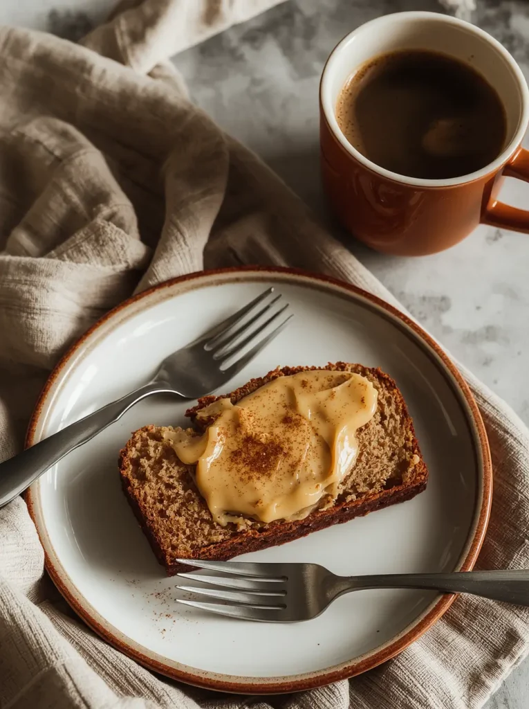 Slice of almond flour banana bread topped with almond butter served with coffee