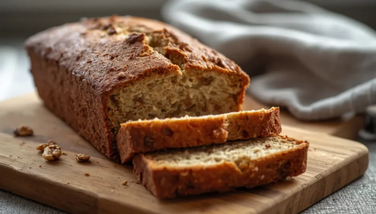 Sliced almond flour banana bread loaf on a wooden cutting board with a moist, golden crumb