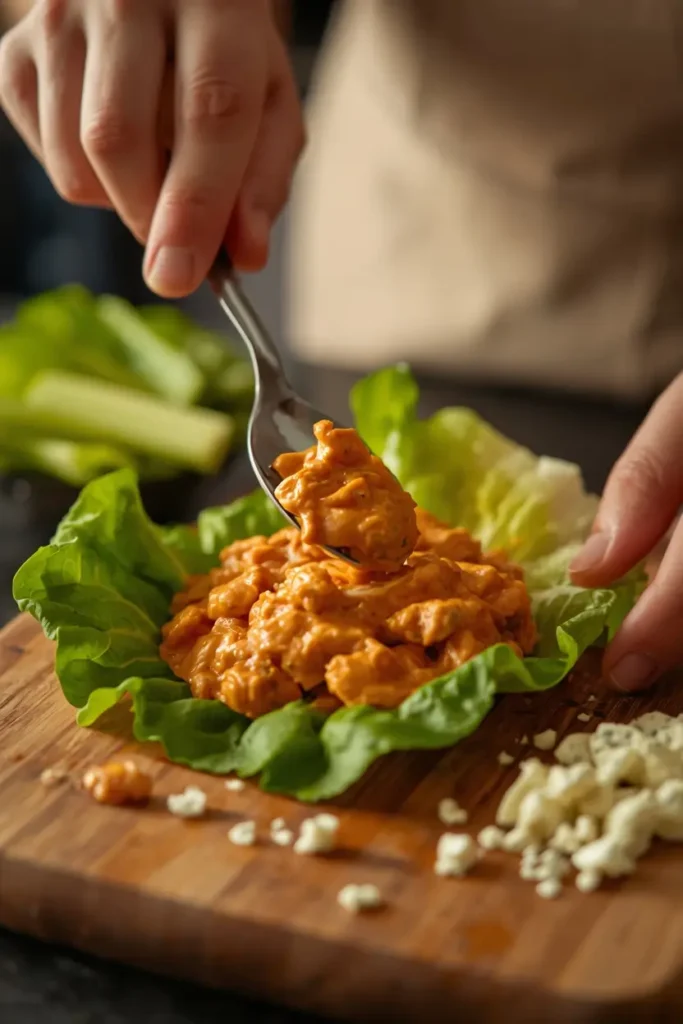 Assembling buffalo chicken lettuce wraps by spooning filling onto a lettuce leaf