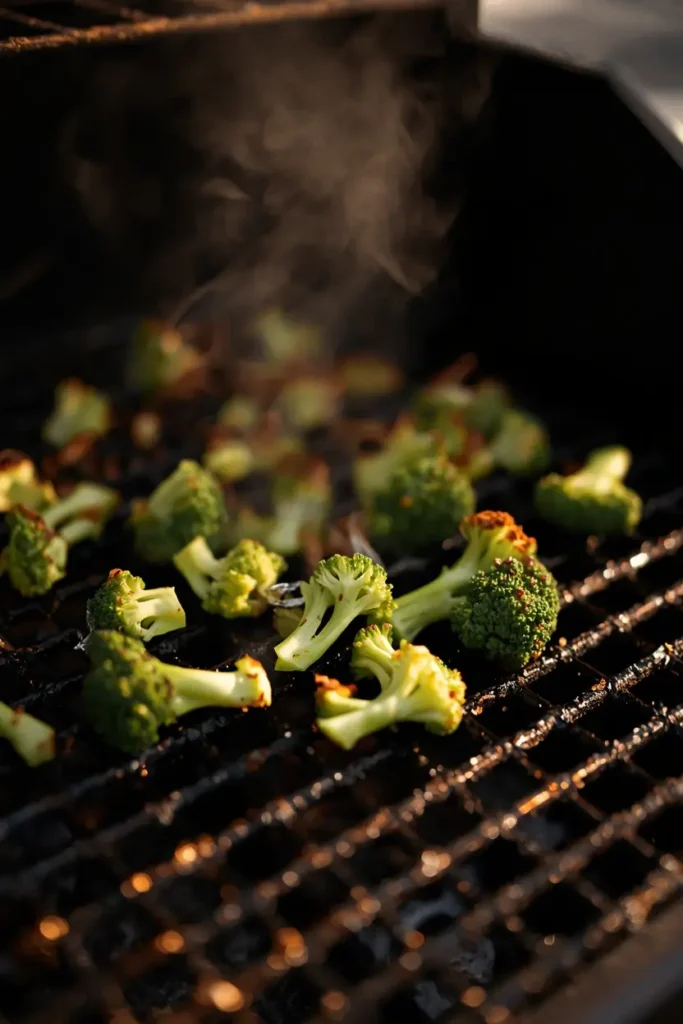 Grilled Broccoli 3 Broccoli florets placed on a hot grill grate developing char marks