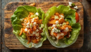 Buffalo Chicken Wrap Buffalo chicken wrap made with lettuce leaves, buffalo chicken, and blue cheese for a keto lunch