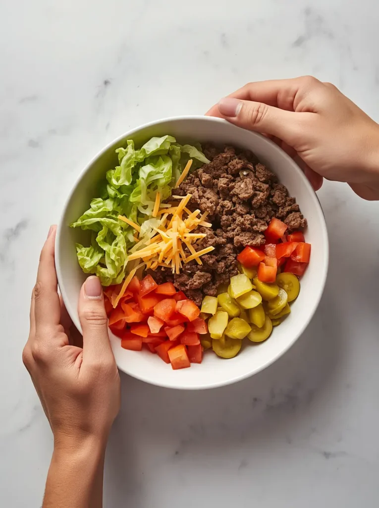 Assembling burger bowl recipe with lettuce, beef, and toppings