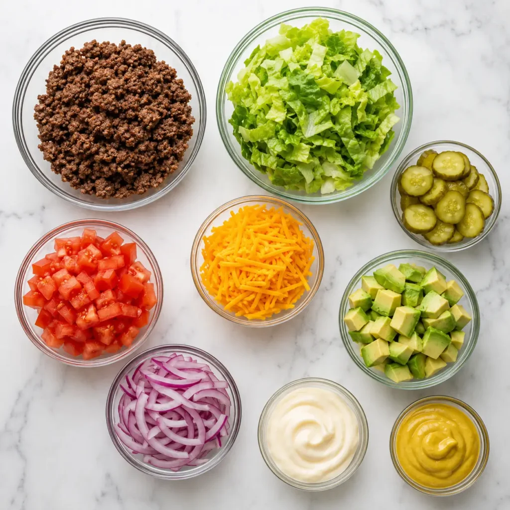 Ingredients for burger bowl recipe including beef, cheese, and vegetables