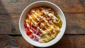 Burger bowl recipe with ground beef, cheddar, avocado, and special sauce