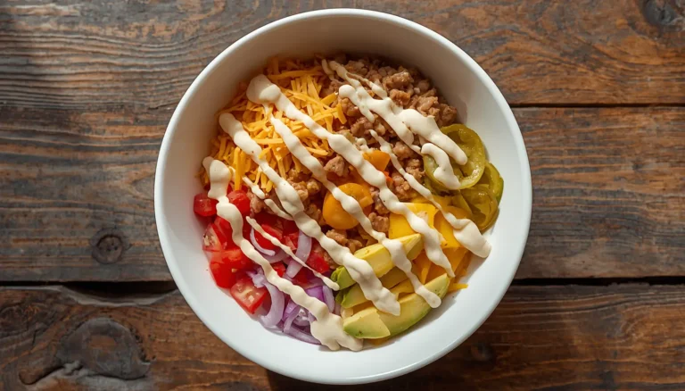 Burger bowl recipe with ground beef, cheddar, avocado, and special sauce